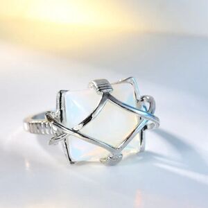 Platinum Plated Lab Opal Ring Grid Design